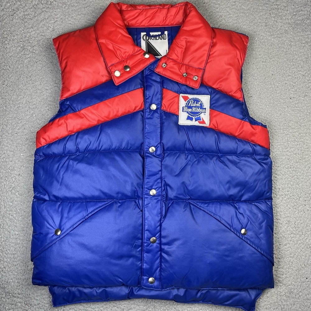 Vintage Pabst Blue Ribbon Goose Down Puffer Vest Snap Button Coat Size XL‎